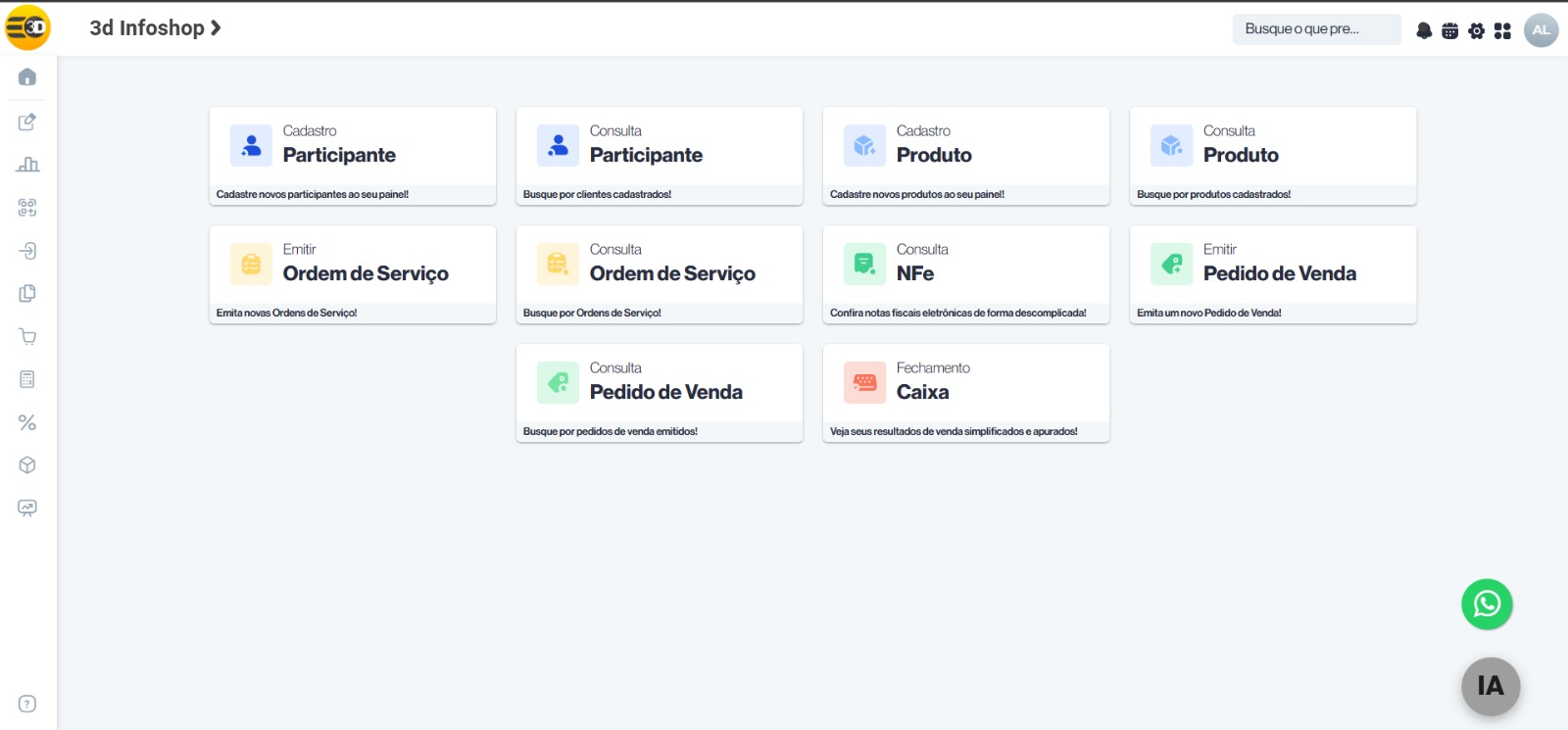 Tela inicial do 3D ERP com atalhos de cadastro e consulta de participante e produto, ordem de servico, NFe, pedido de venda e fechamento de caixa