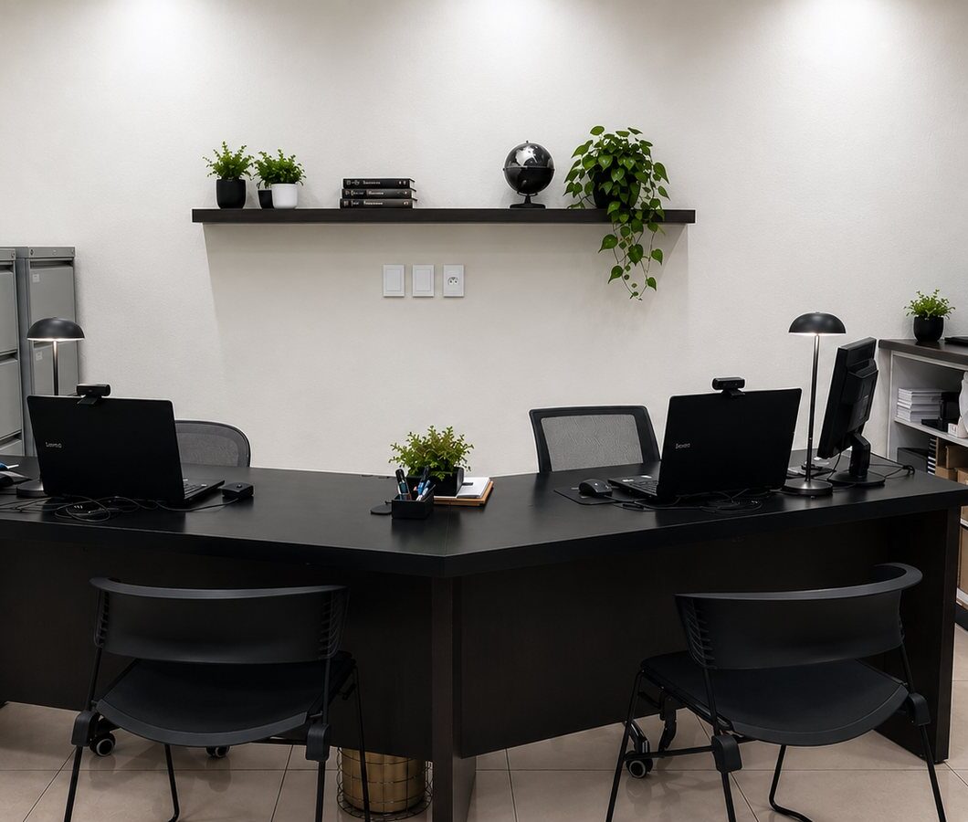 Sala de atendimento do 3D Certificado Digital, com duas estações de emissão equipadas com câmera para atendimento presencial e remoto