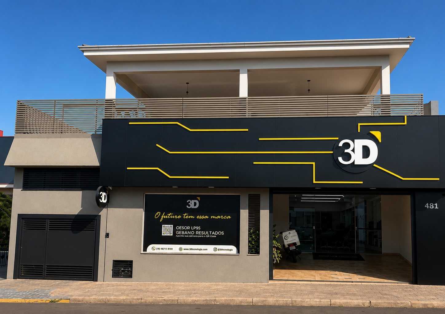 Fachada da 3D Música e Informática na Av. Quatorze de Março, 481, em Batatais, com o letreiro 3D em destaque