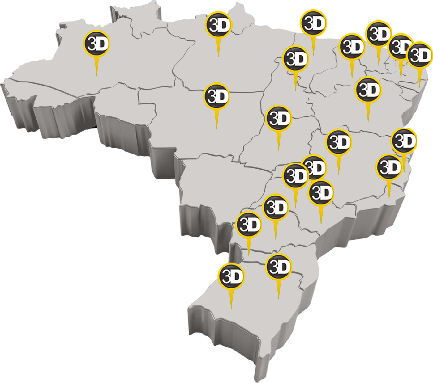 Mapa do Brasil com marcadores nas cidades onde o Grupo 3D tem parceiros atendendo seus serviços