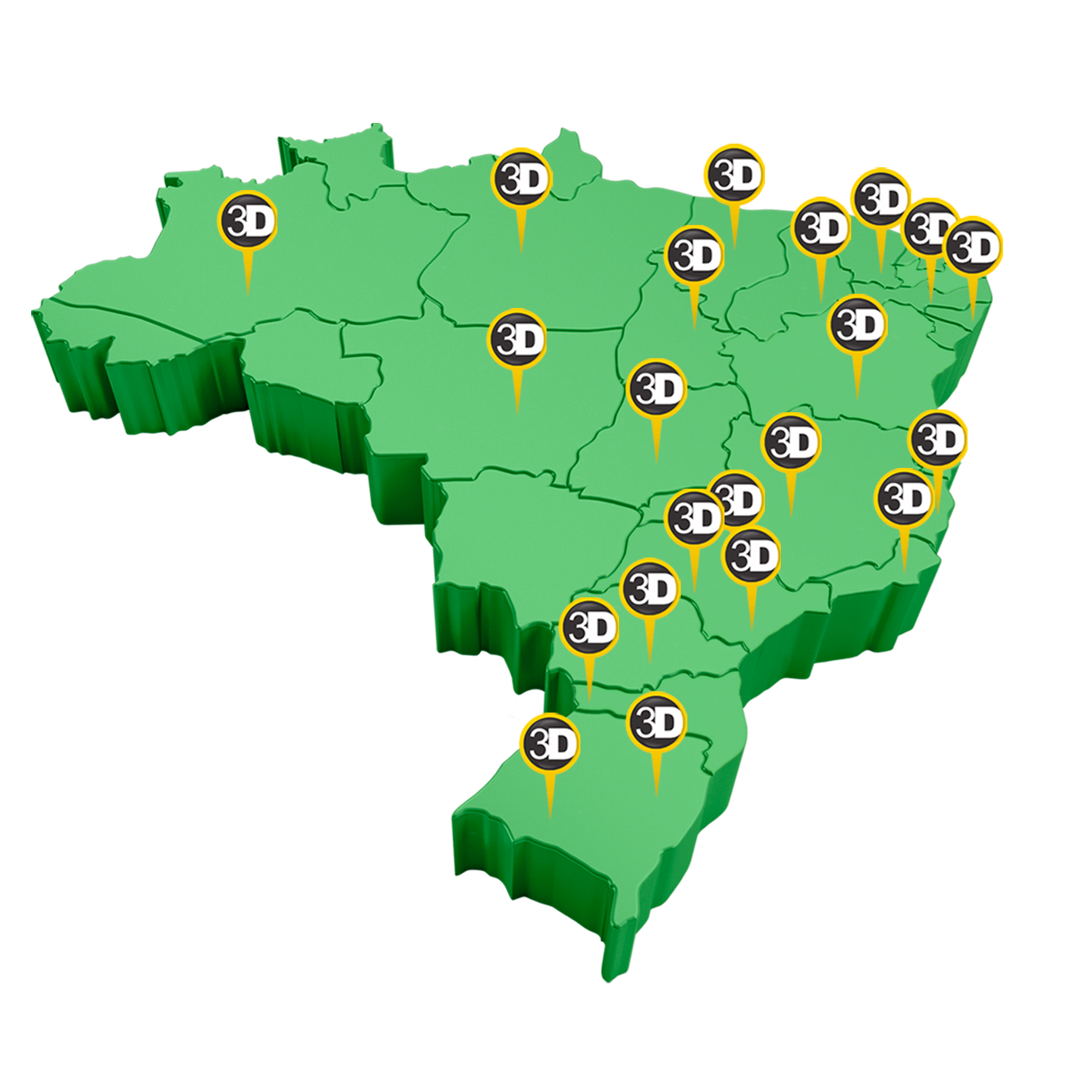 Mapa do Brasil com marcadores nas cidades onde o Grupo 3D tem parceiros atendendo seus serviços